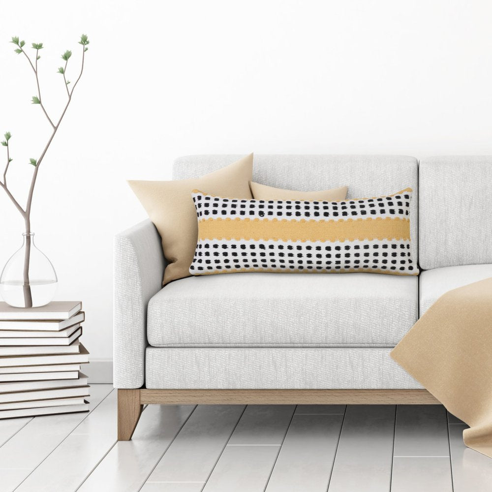 14" X 36" Yellow And Black Lumbar Striped Cotton Throw Pillow Cover