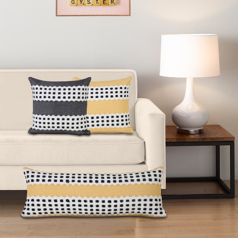 14" X 36" Yellow And Black Lumbar Striped Cotton Throw Pillow Cover