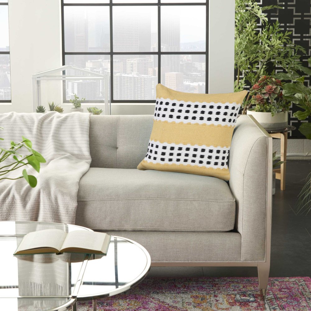 20" Yellow And Black Striped Cotton Throw Pillow Cover