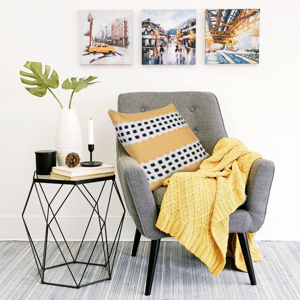 20" Yellow And Black Striped Cotton Throw Pillow Cover