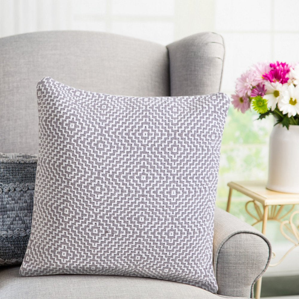 20" Gray And White Diamond Cotton Throw Pillow Cover