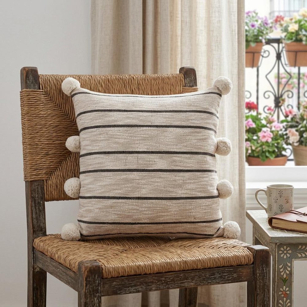 20" Beige Black And White Striped Cotton Blend Throw Pillow Cover with Pompoms