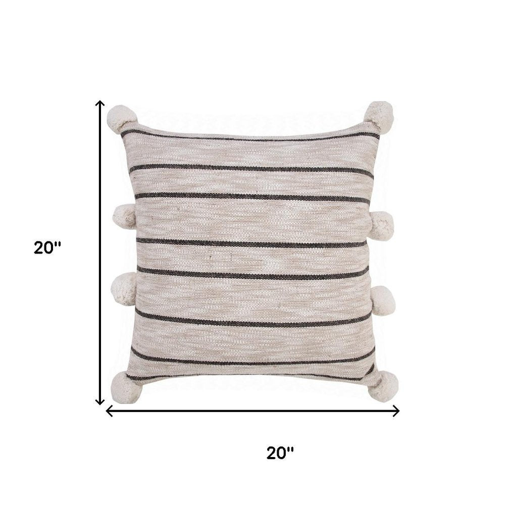 20" Beige Black And White Striped Cotton Blend Throw Pillow Cover with Pompoms