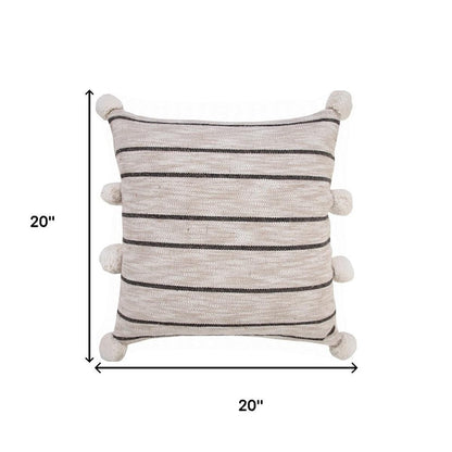 20" Beige Black And White Striped Cotton Blend Throw Pillow Cover with Pompoms