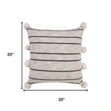 20" Beige Black And White Striped Cotton Blend Throw Pillow Cover with Pompoms