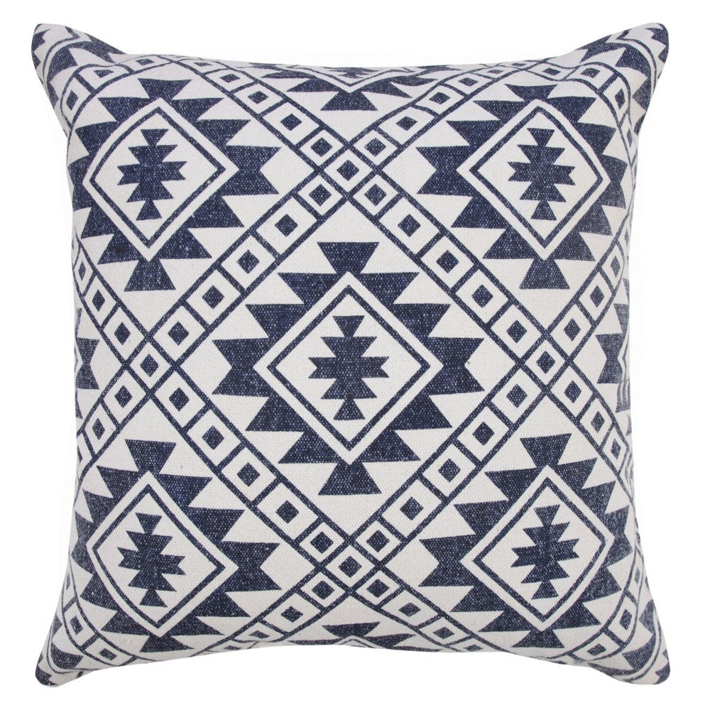 20" Blue And White Geometric Cotton Throw Pillow Cover