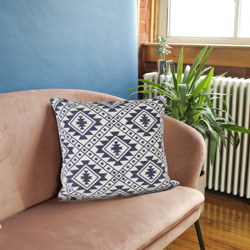 20" Blue And White Geometric Cotton Throw Pillow Cover