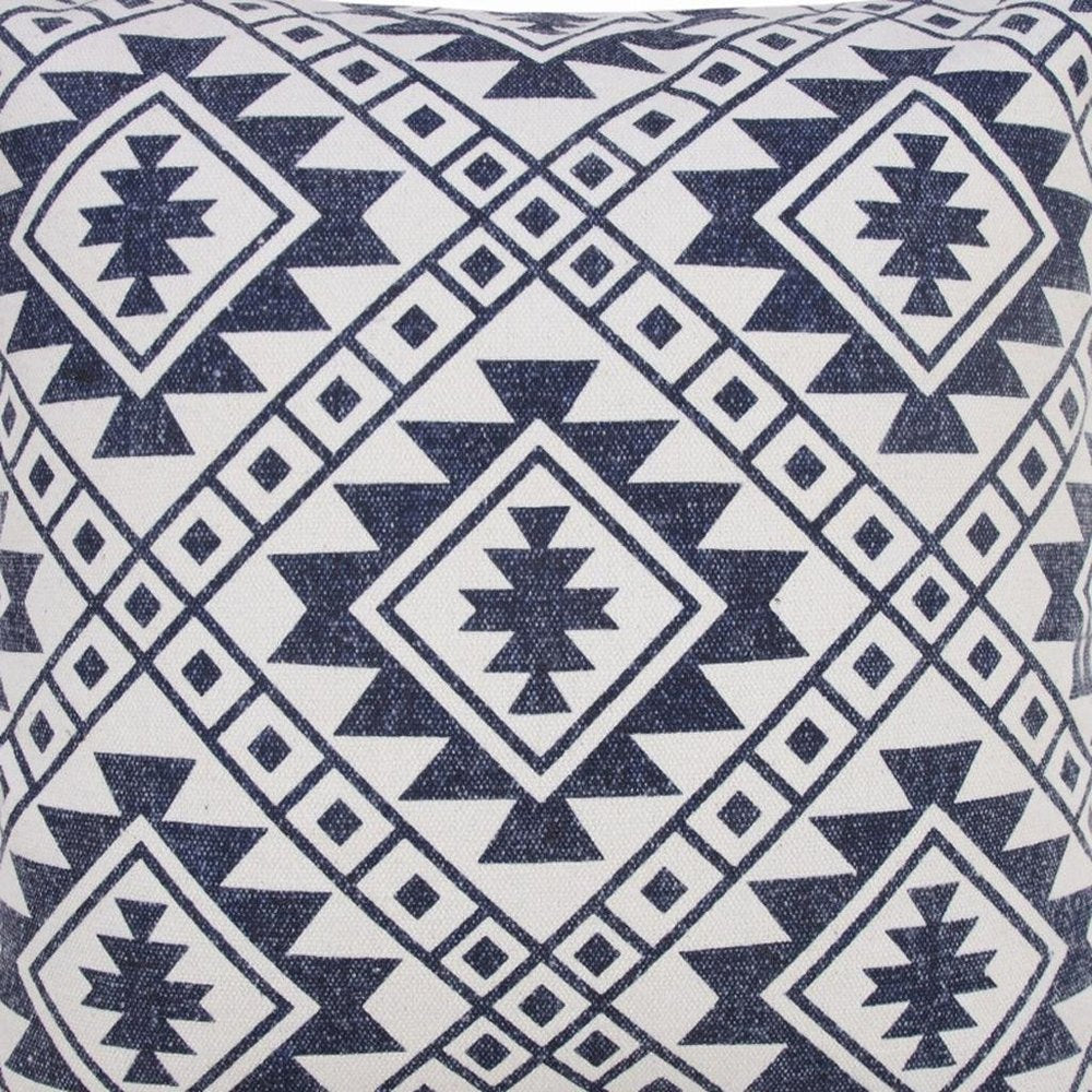 20" Navy Blue And Ivory Southwestern Cotton Throw Pillow Cover