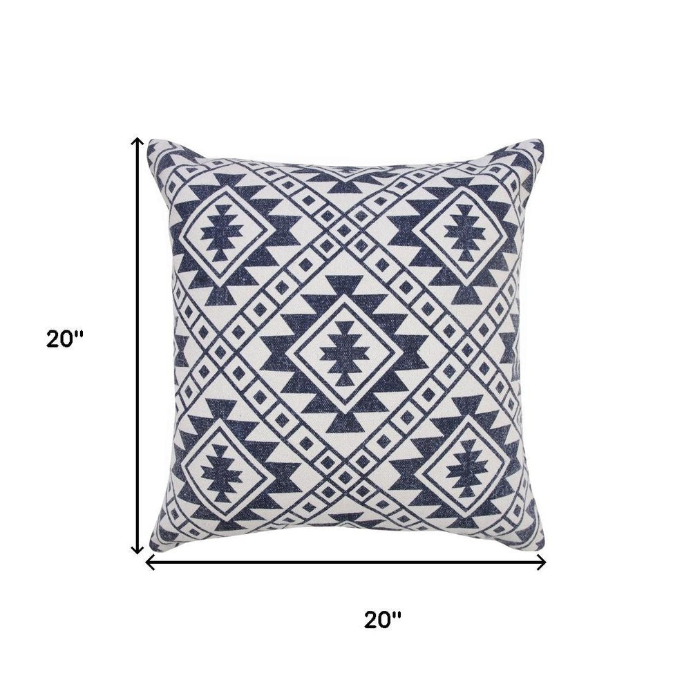 20" Navy Blue And Ivory Southwestern Cotton Throw Pillow Cover