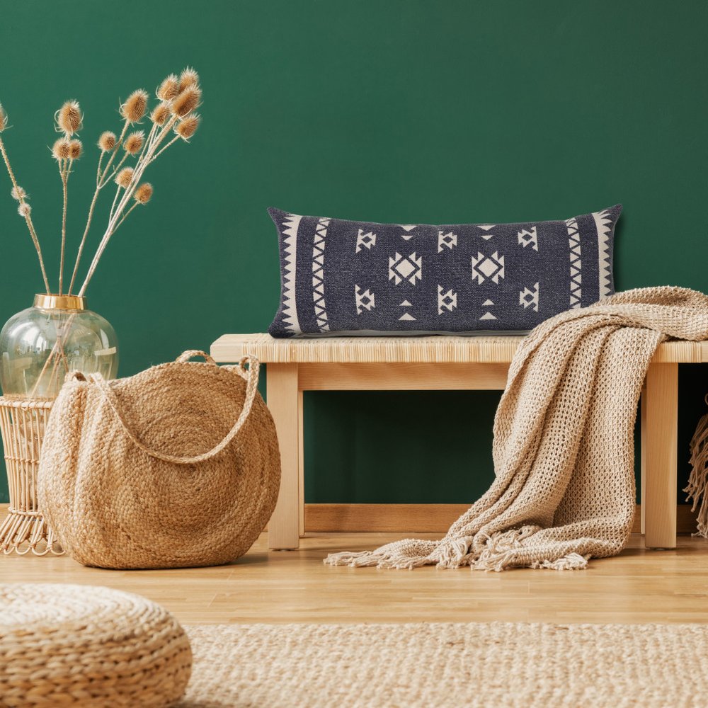 14" X 36" Blue And White Lumbar Geometric Cotton Throw Pillow Cover