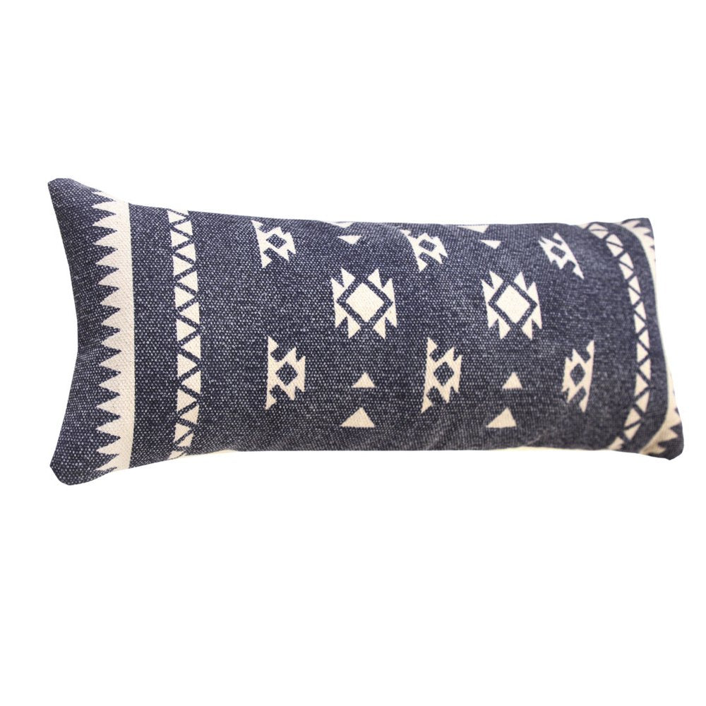 14" X 36" Navy Blue And Off White Lumbar Southwestern Cotton Throw Pillow Cover
