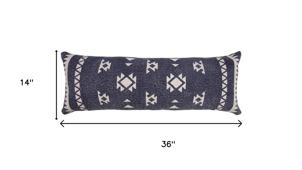 14" X 36" Navy Blue And Off White Lumbar Southwestern Cotton Throw Pillow Cover