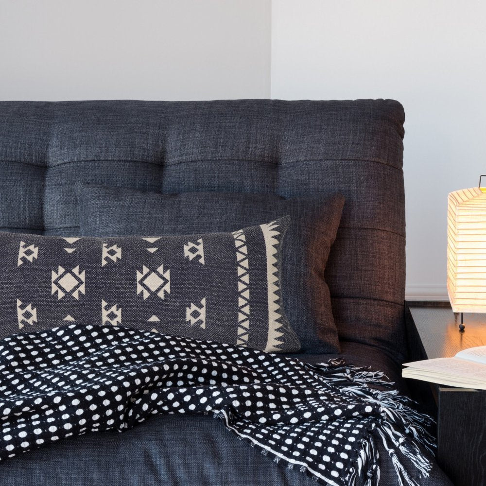 14" X 36" Blue And White Lumbar Geometric Cotton Throw Pillow Cover