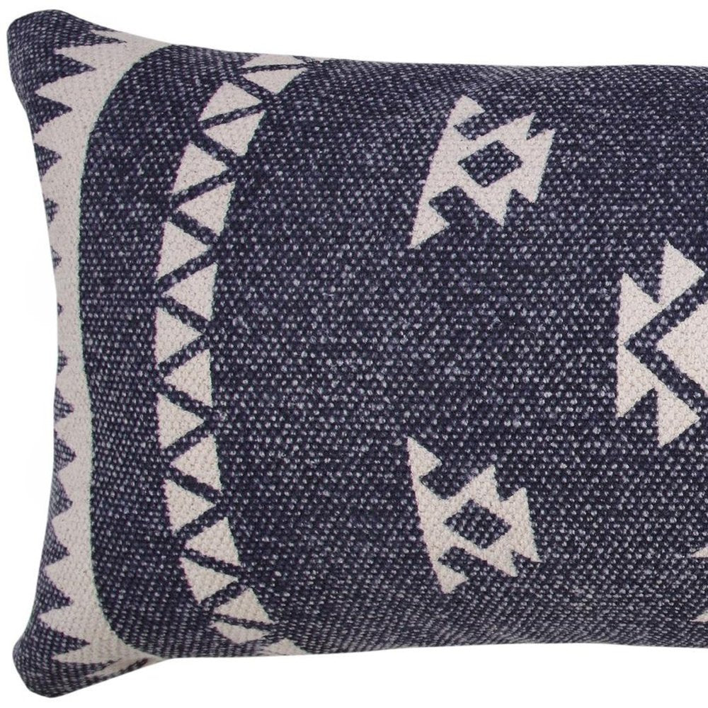 14" X 36" Blue And White Lumbar Geometric Cotton Throw Pillow Cover