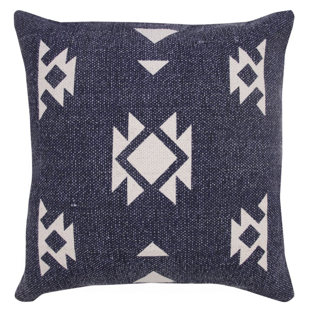 20" Blue And White Geometric Cotton Throw Pillow Cover
