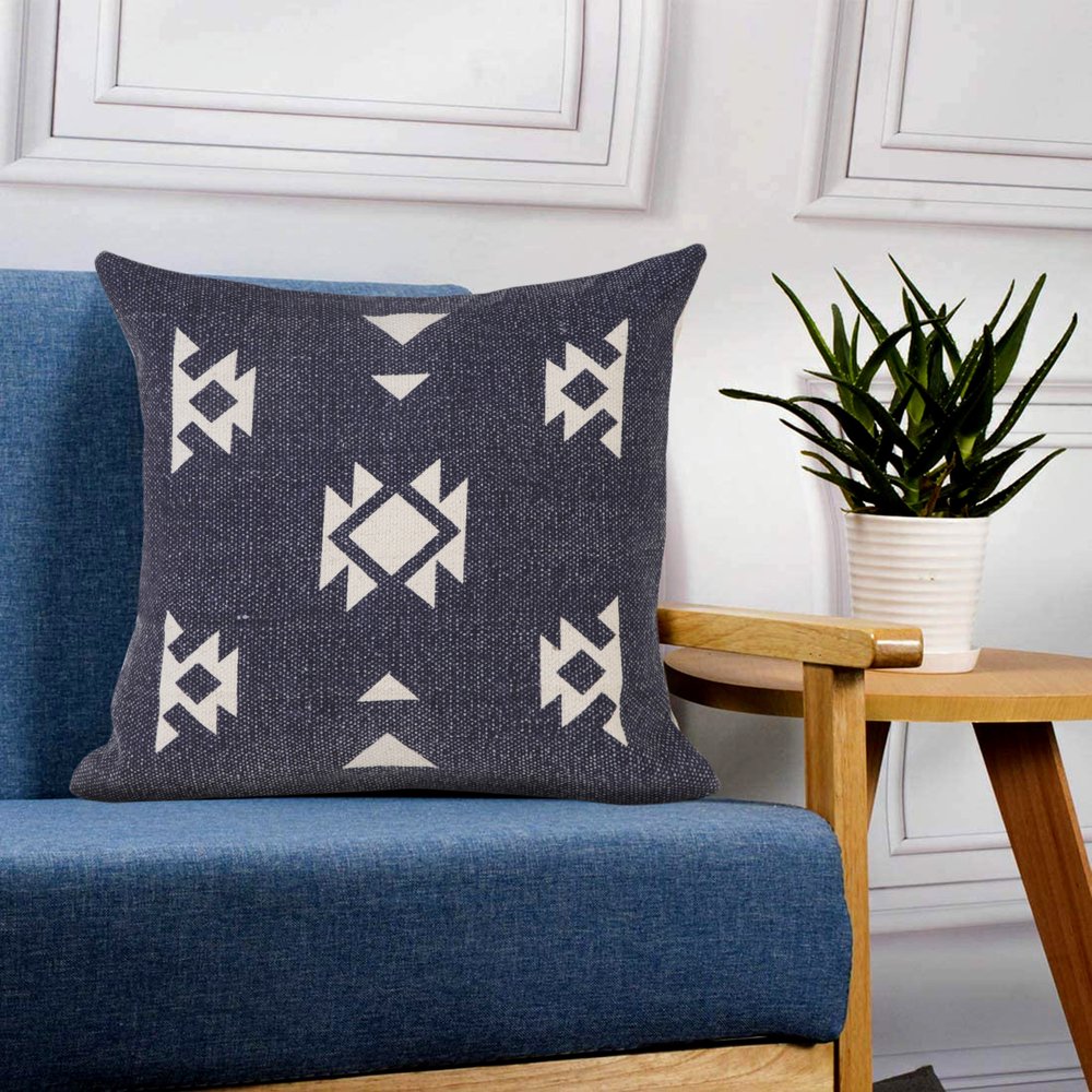20" Blue And White Geometric Cotton Throw Pillow Cover
