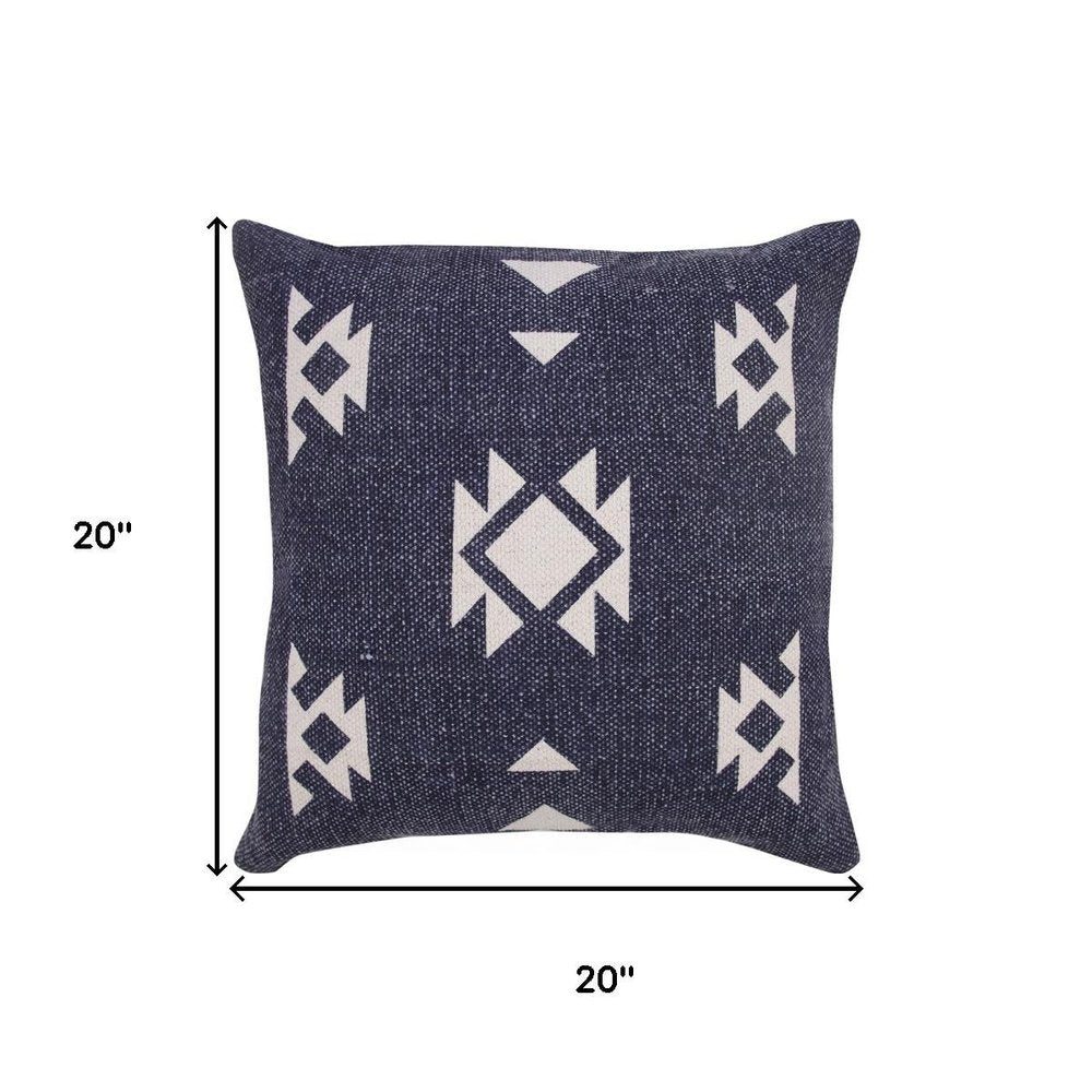 20" Navy Blue And Off White Southwestern Cotton Throw Pillow Cover