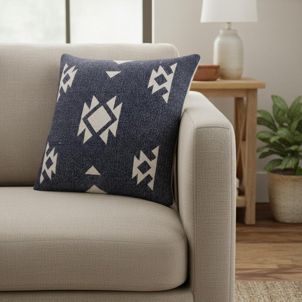 20" Navy Blue And Off White Southwestern Cotton Throw Pillow Cover