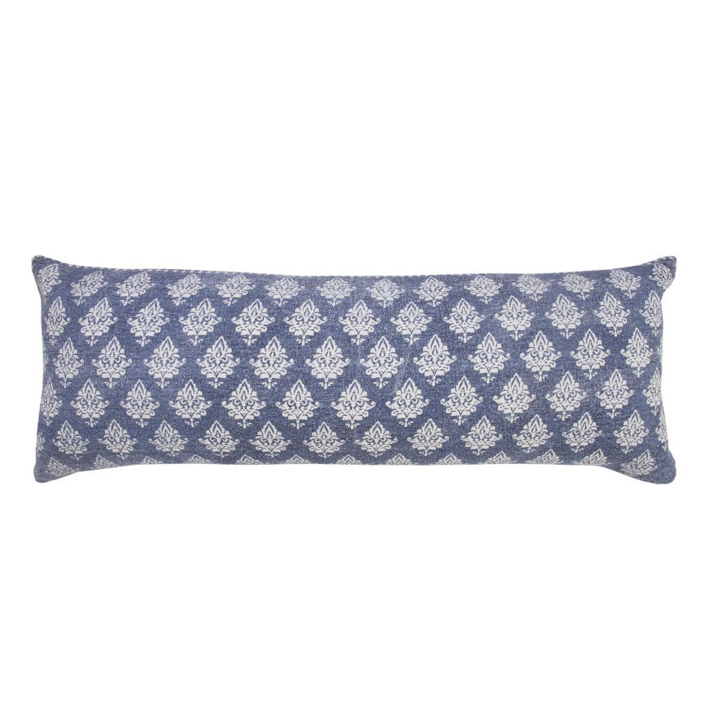 14" X 36" Blue And White Lumbar Damask Cotton Throw Pillow Cover