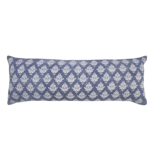 14" X 36" Blue And White Lumbar Damask Cotton Throw Pillow Cover