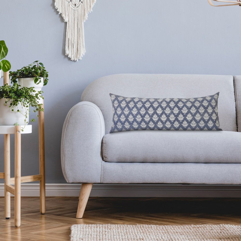 14" X 36" Blue And White Lumbar Damask Cotton Throw Pillow Cover