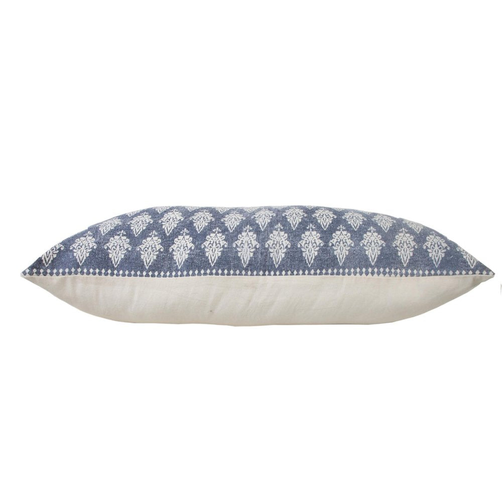 14" X 36" Blue And White Lumbar Damask Cotton Throw Pillow Cover