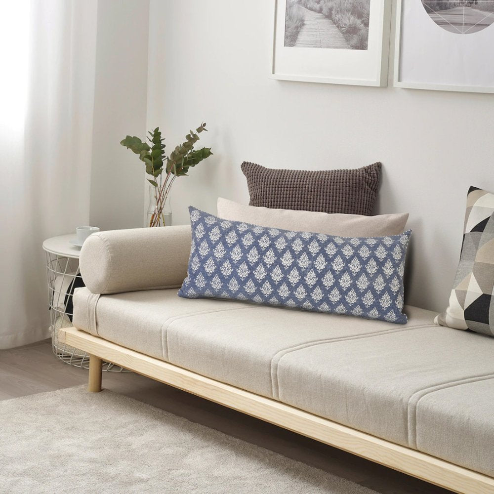 14" X 36" Blue And White Lumbar Damask Cotton Throw Pillow Cover