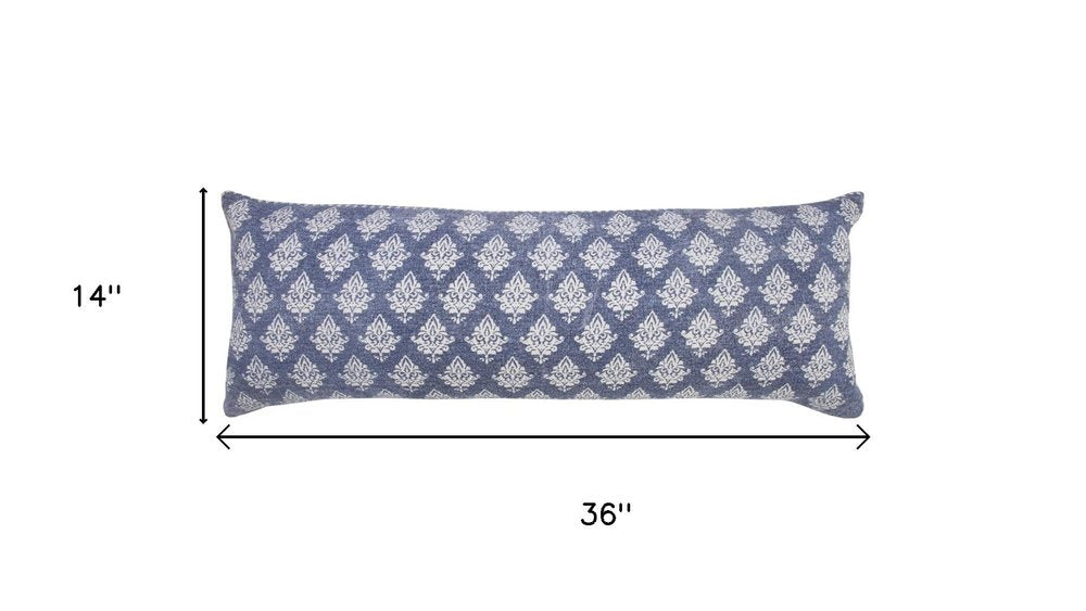 14" X 36" Blue And White Lumbar Damask Cotton Throw Pillow Cover