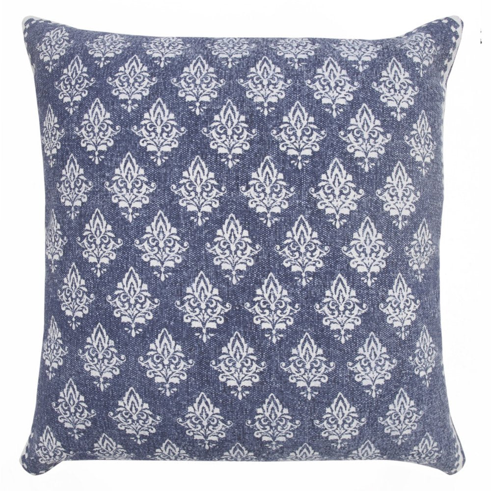 20" Blue And White Damask Cotton Throw Pillow Cover