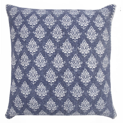 20" Blue And White Damask Cotton Throw Pillow Cover