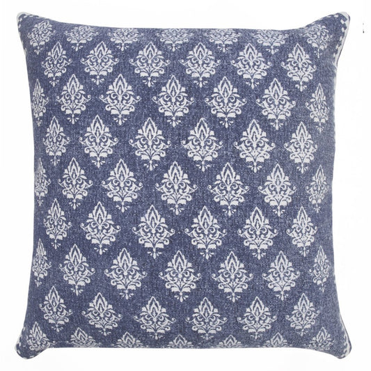 20" Blue And White Damask Cotton Throw Pillow Cover