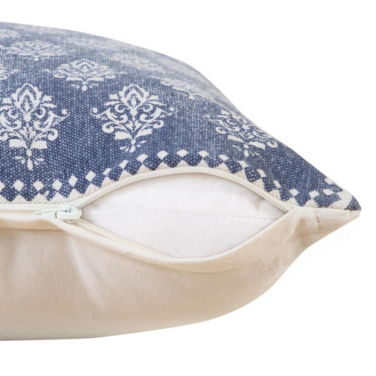 20" Blue And White Damask Cotton Throw Pillow Cover