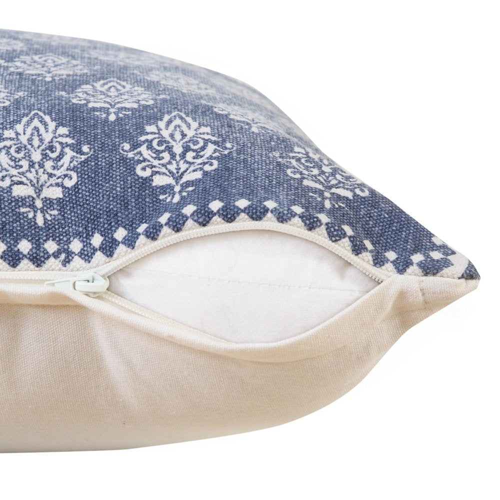 20" Blue And White Damask Cotton Throw Pillow Cover