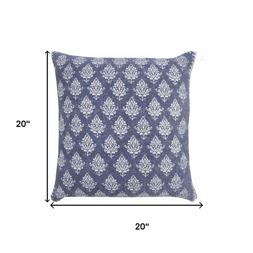 20" Blue And White Damask Cotton Throw Pillow Cover
