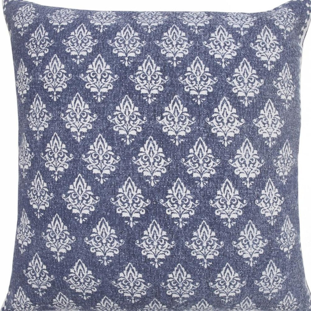 20" Blue And White Damask Cotton Throw Pillow Cover