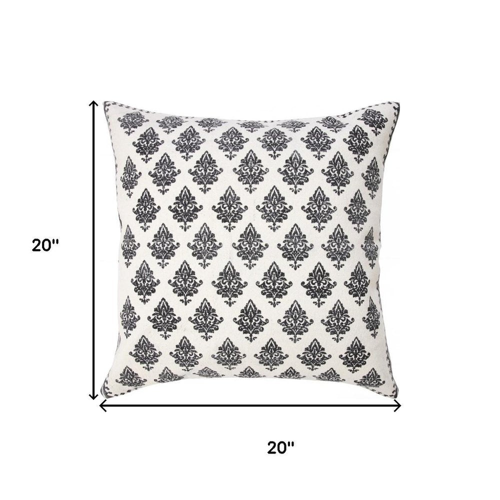 20" White And Black Floral Cotton Throw Pillow Cover