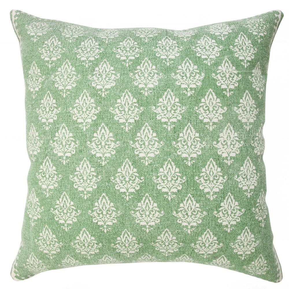 20" Green And White Damask Cotton Throw Pillow Cover