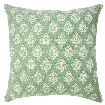 20" Green And White Damask Cotton Throw Pillow Cover
