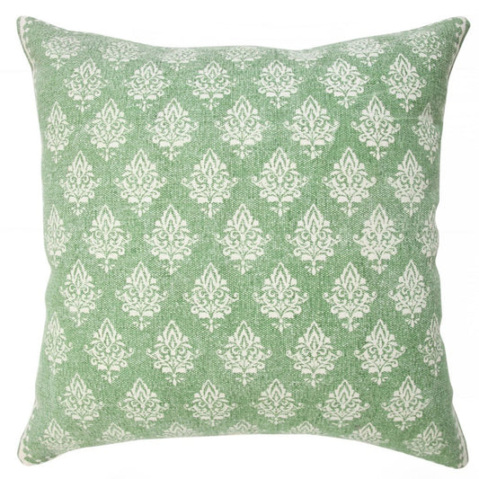 20" Green And White Damask Cotton Throw Pillow Cover