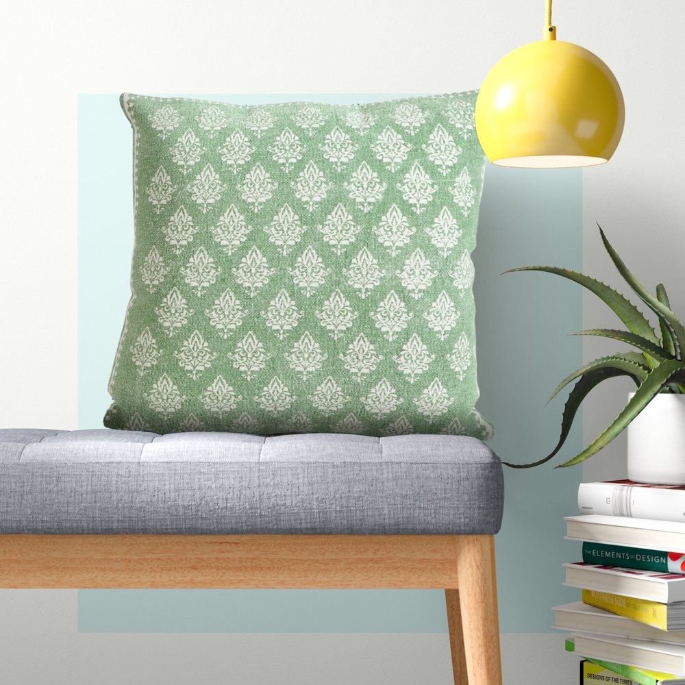 20" Green And White Damask Cotton Throw Pillow Cover