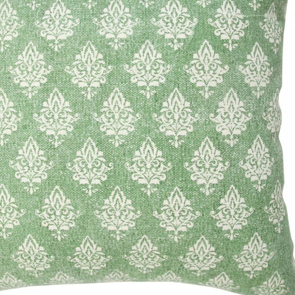 20" Green And White Damask Cotton Throw Pillow Cover