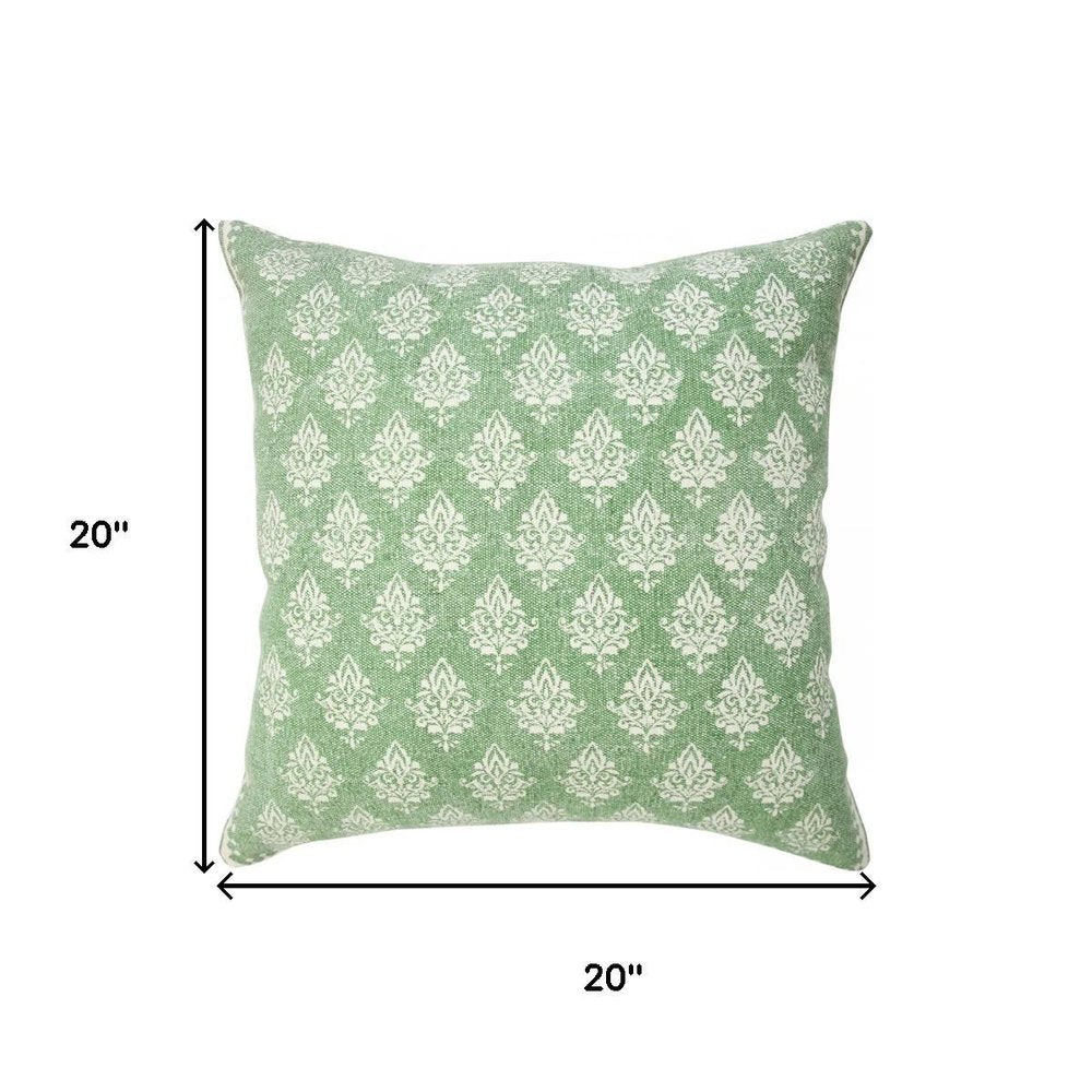 20" Green And White Damask Cotton Throw Pillow Cover