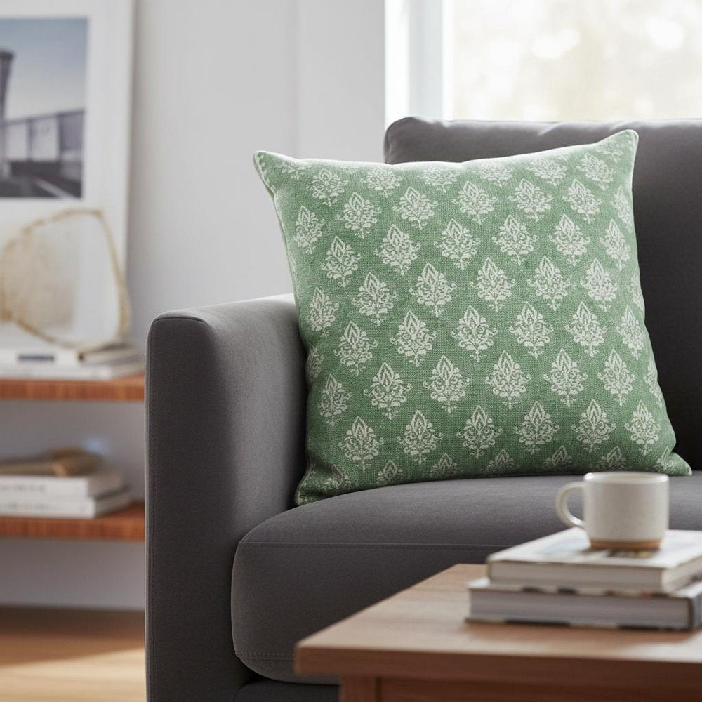 20" Green And White Damask Cotton Throw Pillow Cover