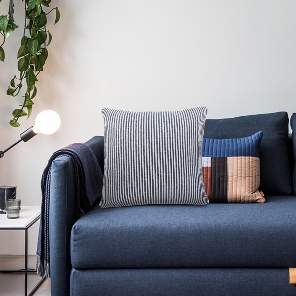 20" Blue And White Striped Cotton Throw Pillow Cover