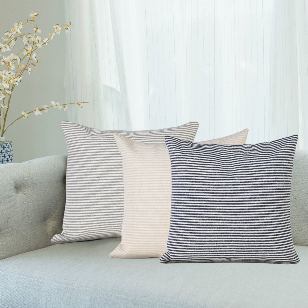 20" Blue And White Striped Cotton Throw Pillow Cover