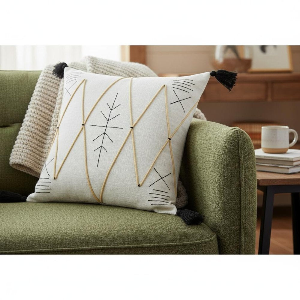 20" Off White Black And Cream Geometric Cotton Throw Pillow Cover