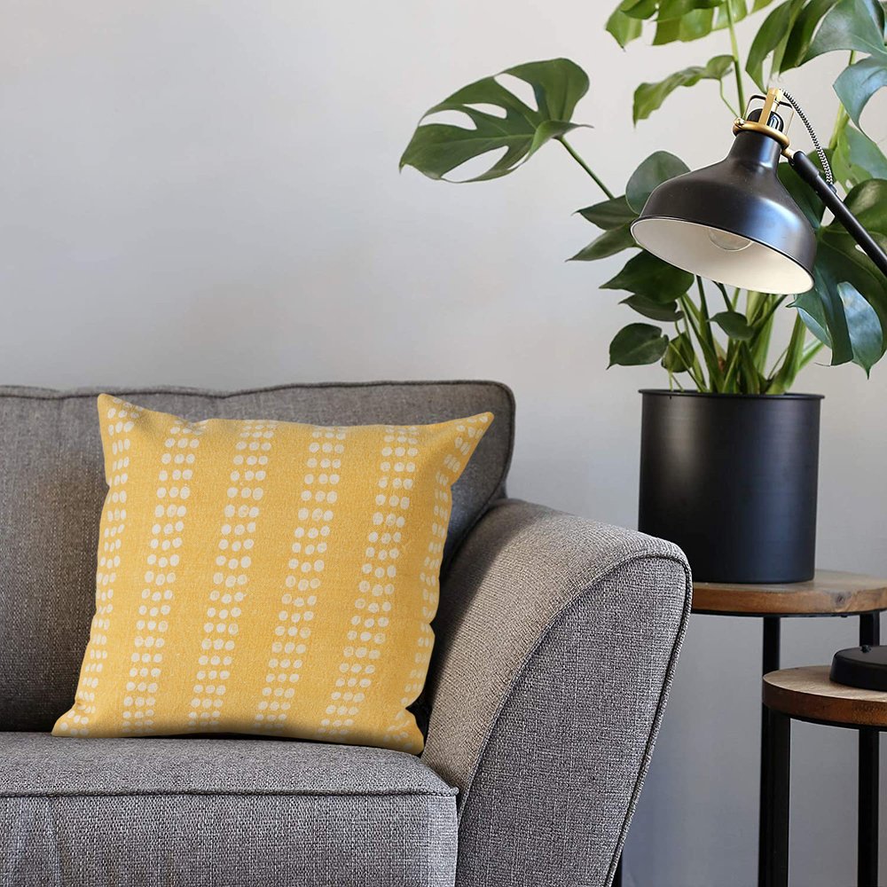 20" Yellow And White Striped Cotton Throw Pillow Cover