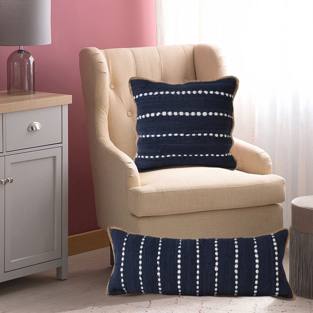 14" X 36" Blue And White Lumbar Beach Striped Cotton Blend Throw Pillow Cover