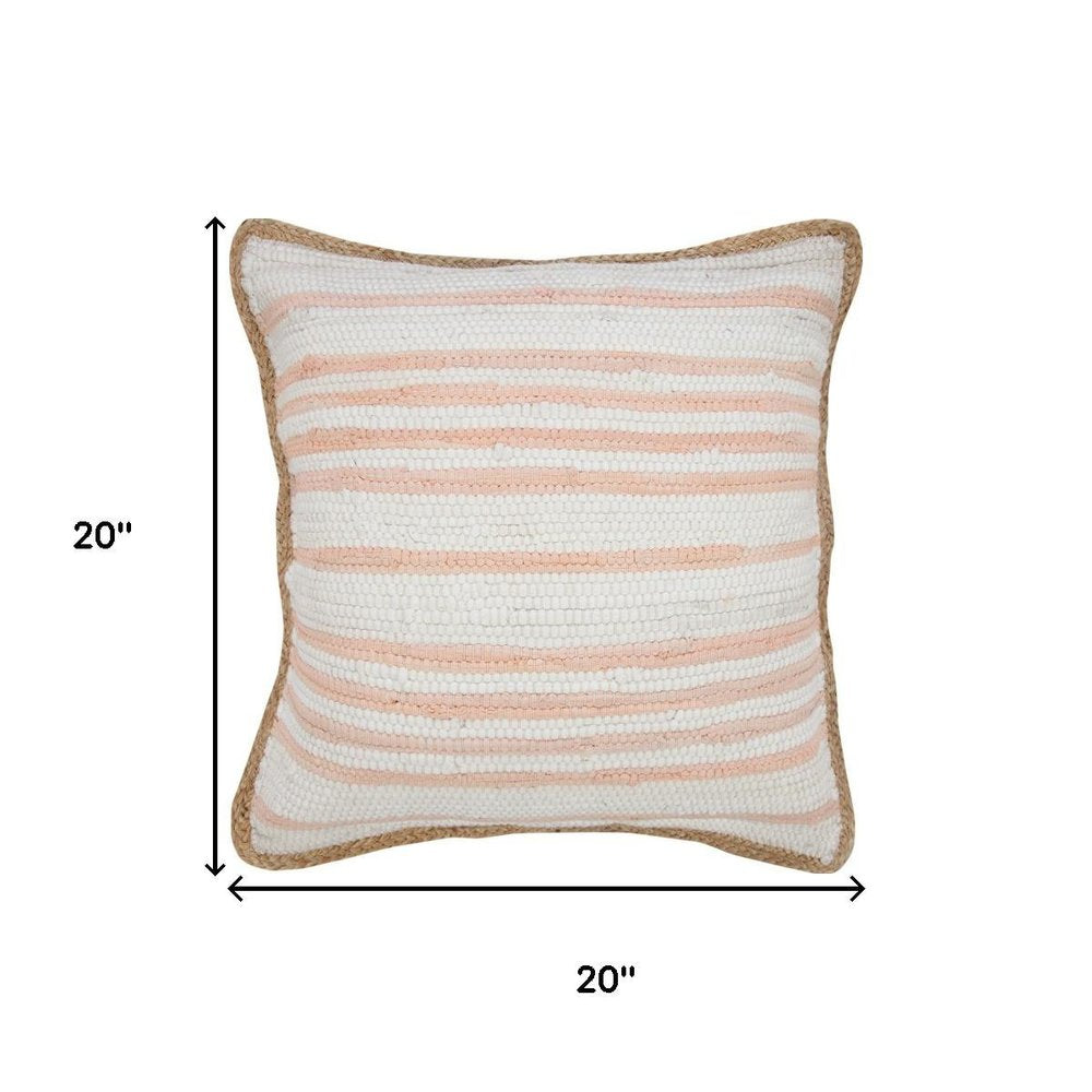 20" Pink And White Beach Striped Cotton Blend Throw Pillow Cover with Texture