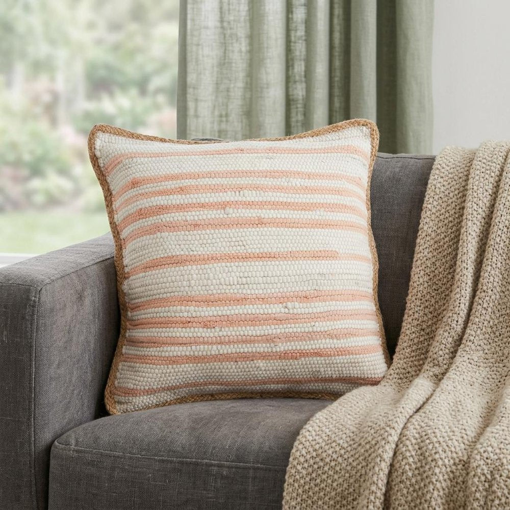 20" Pink And White Beach Striped Cotton Blend Throw Pillow Cover with Texture